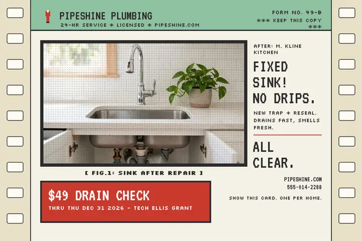 Pipeshine sink fix tractor-feed postcard: plumber promo postcard template