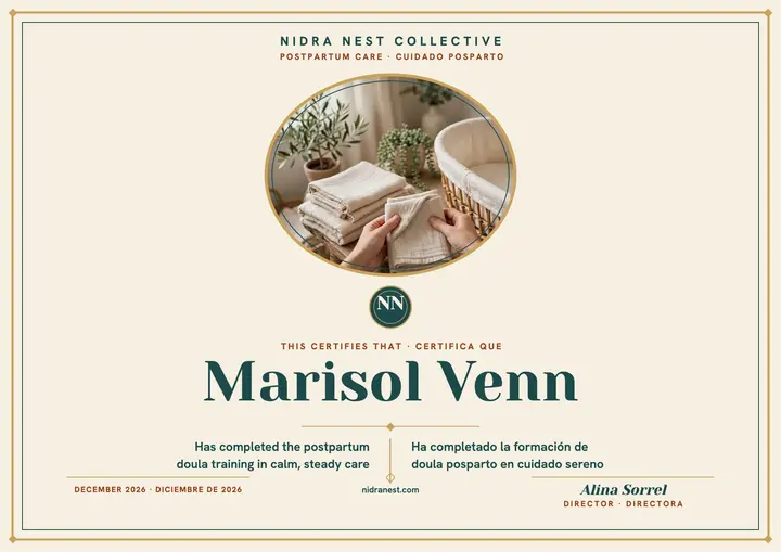 Nidra Nest doula care bilingual certificate template