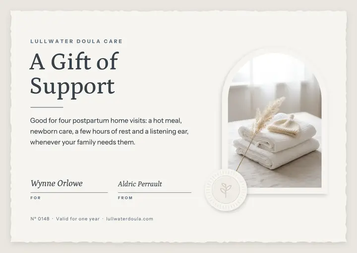 Lullwater Doula Care gift certificate: postpartum doula gift certificate template