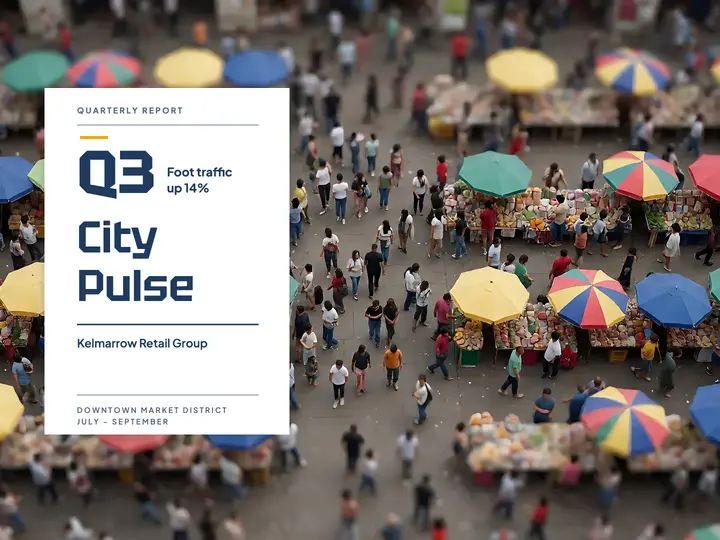 Downtown foot traffic Q3 business slide, tilt-shift template