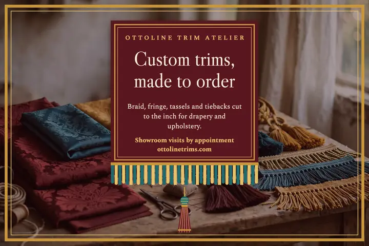 Ottoline Trim Atelier passementerie postcard: drapery trim atelier postcard template