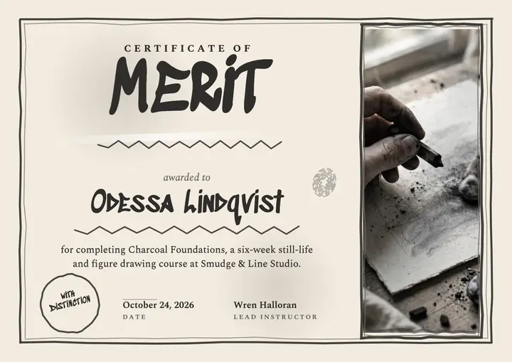 Smudge and Line charcoal course certificate template