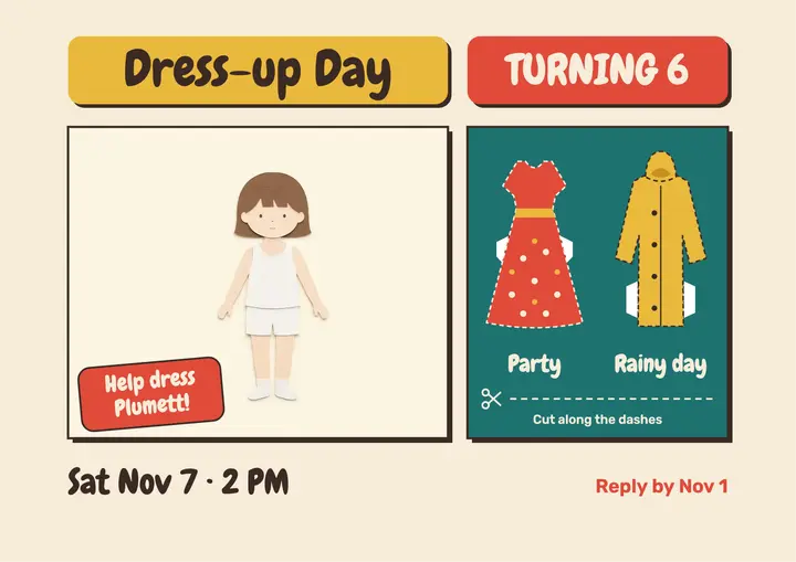 Plumett's dress-up day paper doll birthday invitation template