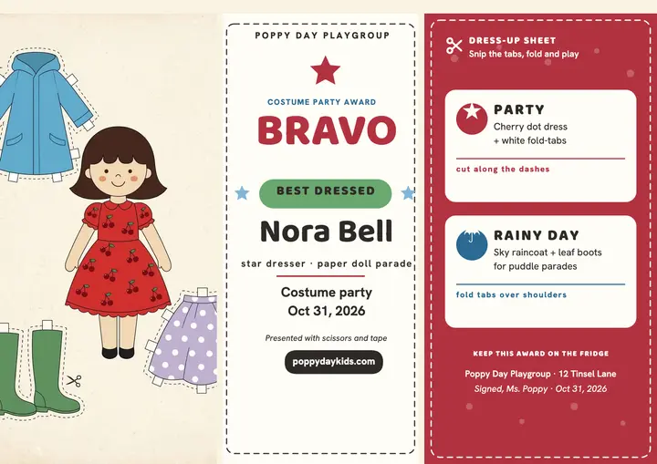 Best dressed award certificate, paper doll: costume party certificate template