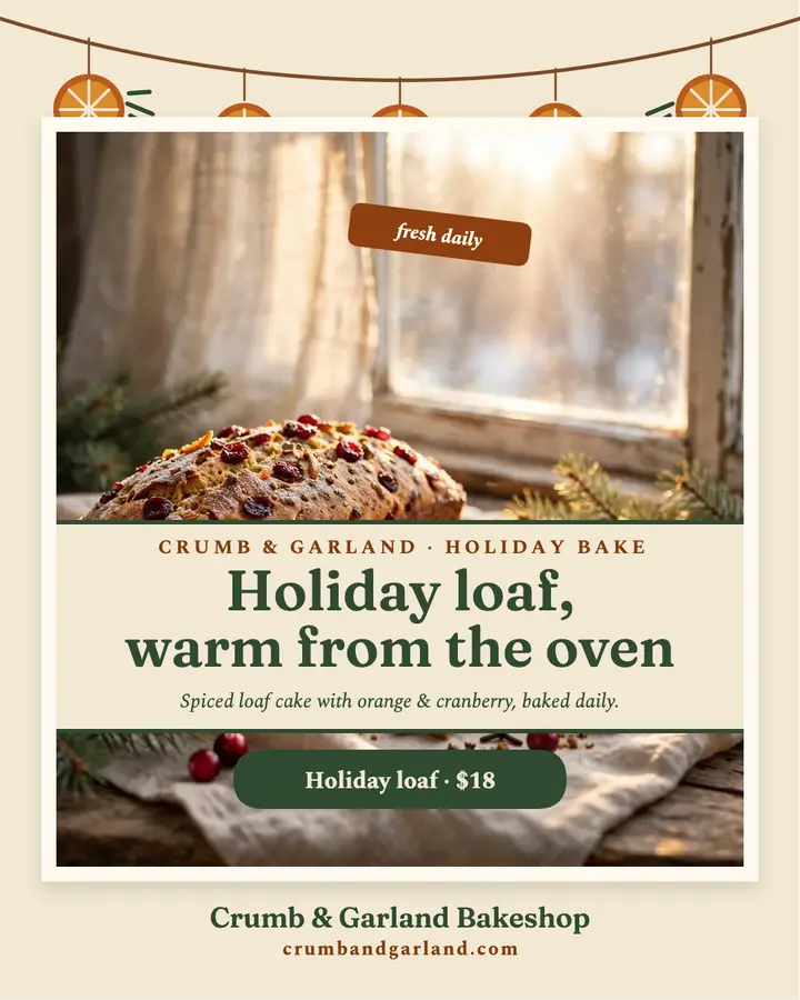Holiday loaf post, Crumb and Garland: holiday bakery post template
