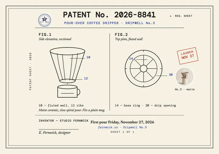 Dripwell No.3 pour-over patent launch certificate: pour-over dripper patent launch template