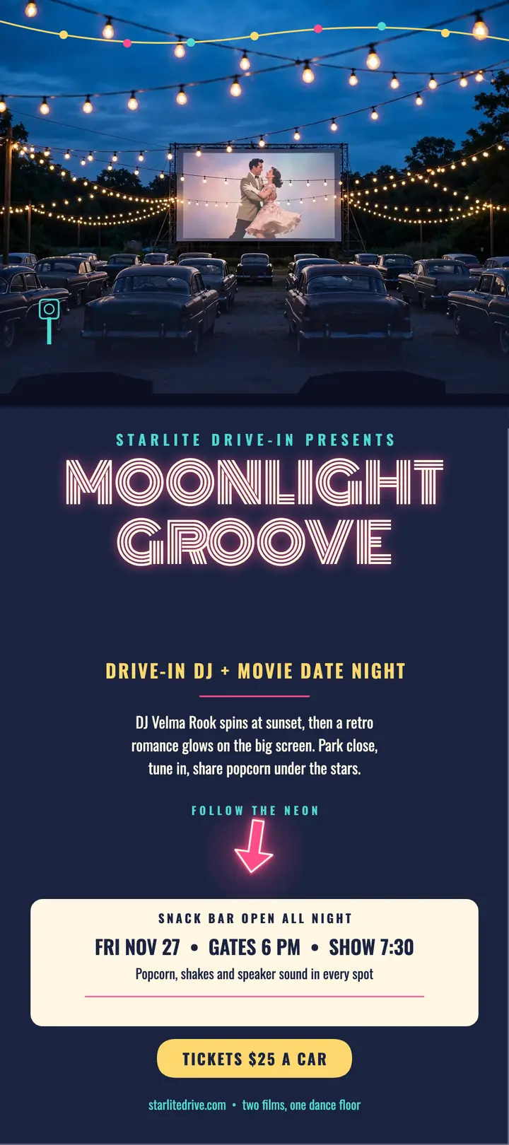 Starlite drive-in DJ movie night rack card: drive-in movie night rack card template