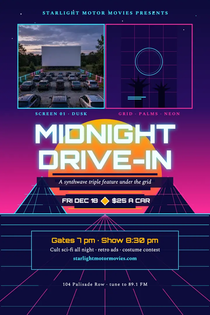 Starlight Motor Movies synthwave drive-in poster template