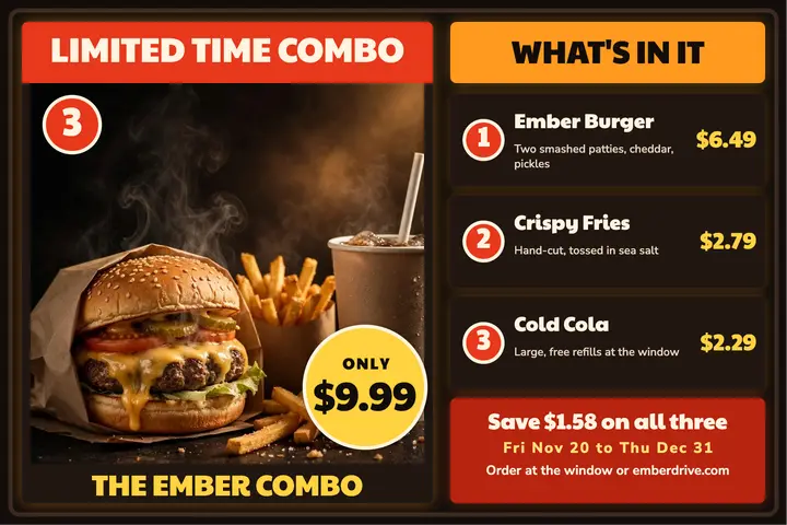Ember Combo drive-thru menu board postcard template