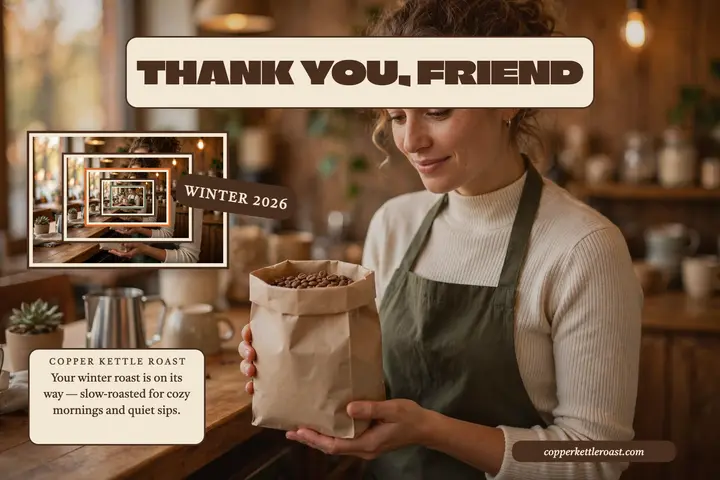 Copper Kettle Roast droste thank you postcard template