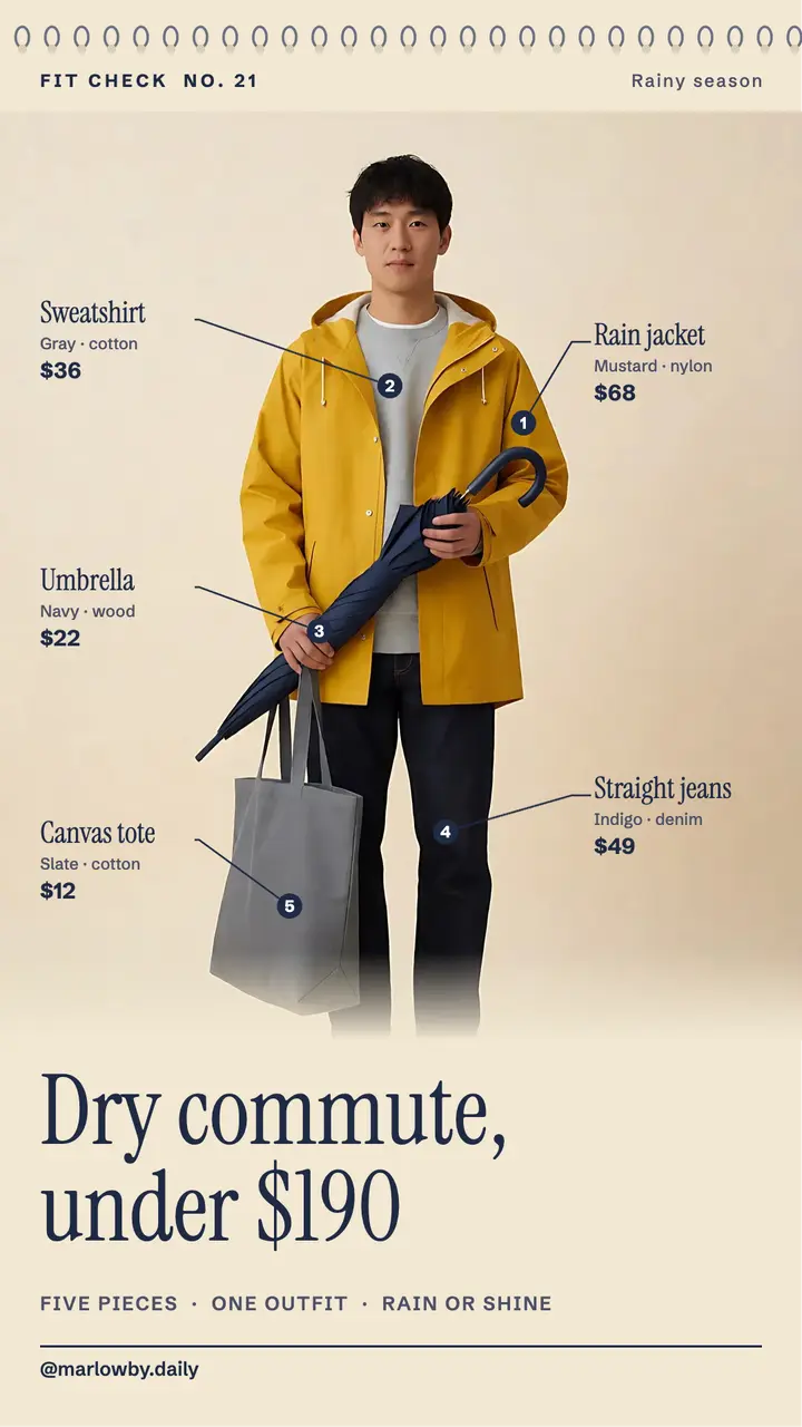 Dry commute rain outfit breakdown with price callouts template