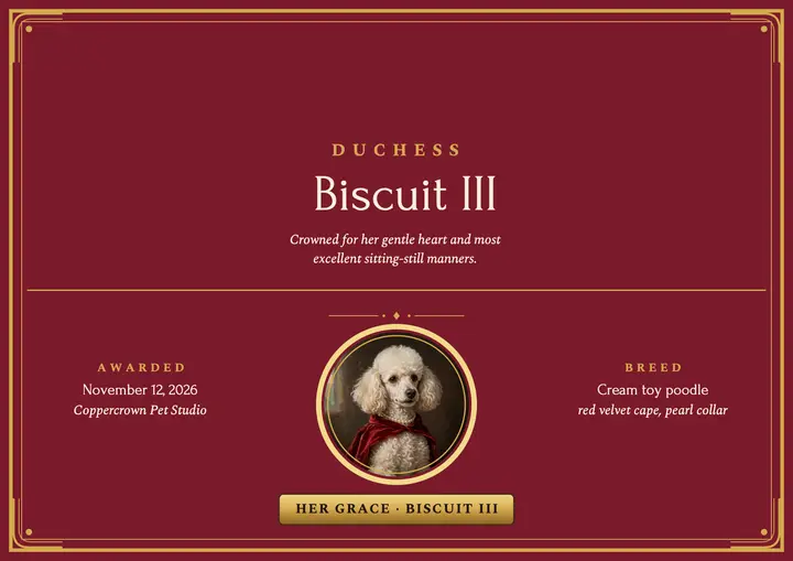 Duchess Biscuit royal pet certificate: pet nobility certificate template