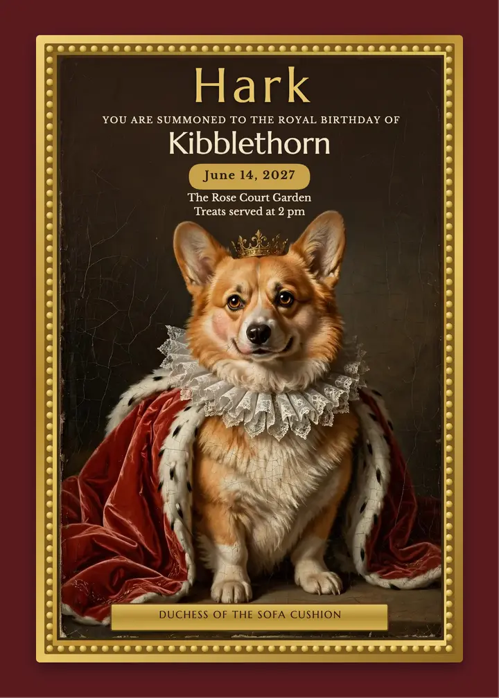 Duchess dog birthday invitation, royal pet portrait template