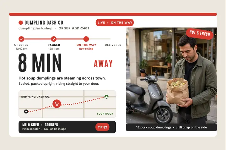 Dumpling Dash delivery tracker postcard template