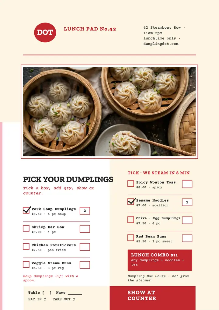 Dumpling Dot House lunch order pad template