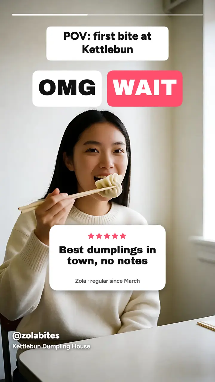 Kettlebun dumpling first-bite review story, short-video captions template