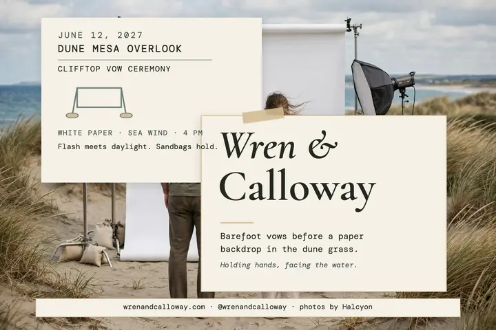 Wren and Calloway dune backdrop vow postcard template