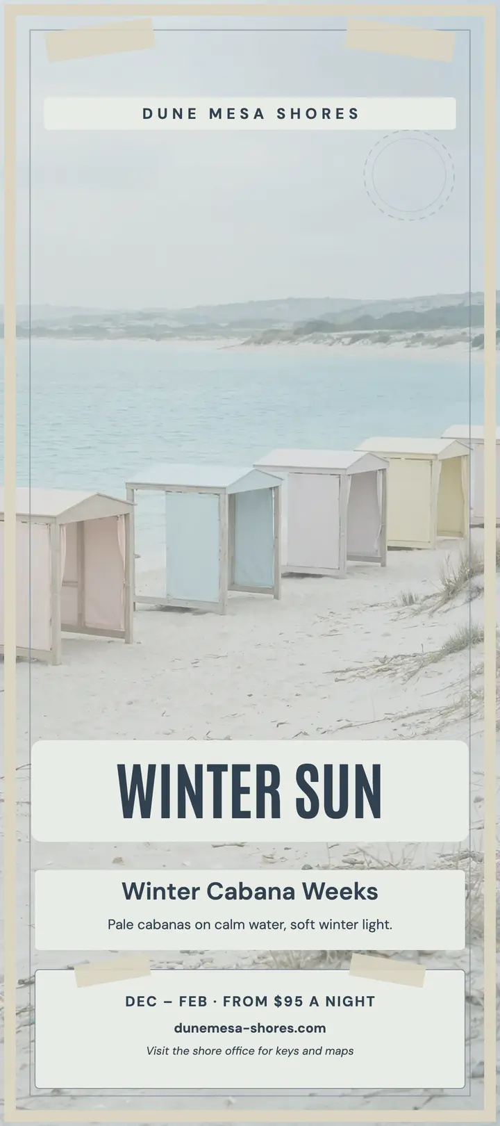 Dune Mesa Shores winter cabana rack card: winter beach rental card template