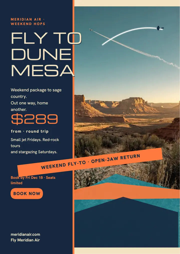 Meridian Air Dune Mesa fly-to flyer: weekend flight package flyer template