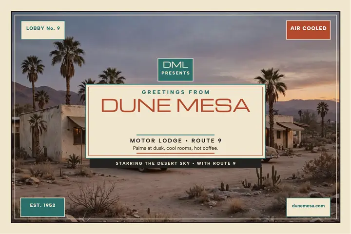 Dune Mesa Motor Lodge lobby card postcard template