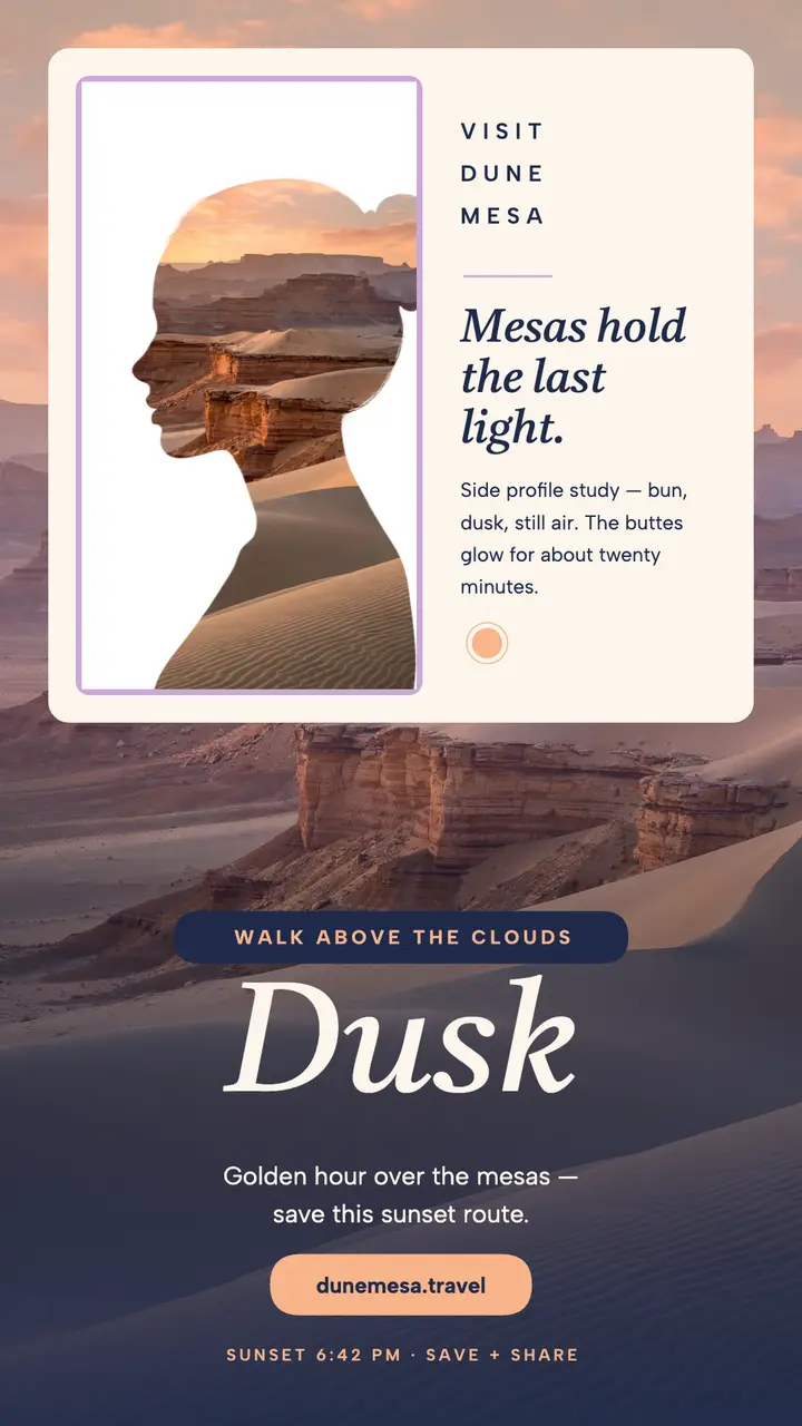 Dune Mesa dusk silhouette travel story template