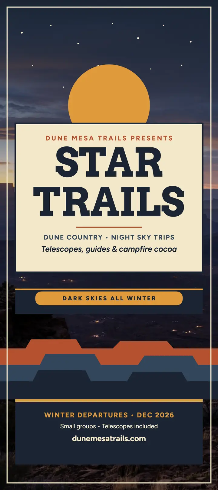 Dune Mesa star trails rack card: stargazing trip rack card template