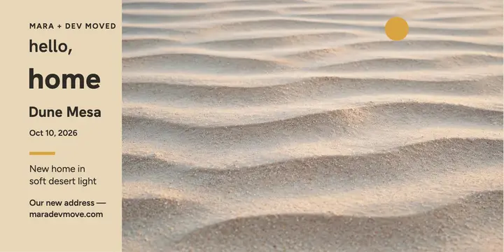 Mara and Dev moving announcement, dune sand: moving announcement post template