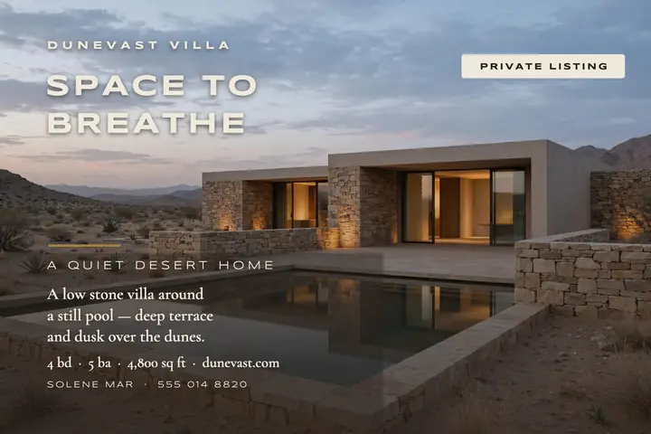 Dunevast Villa desert postcard: desert villa postcard template