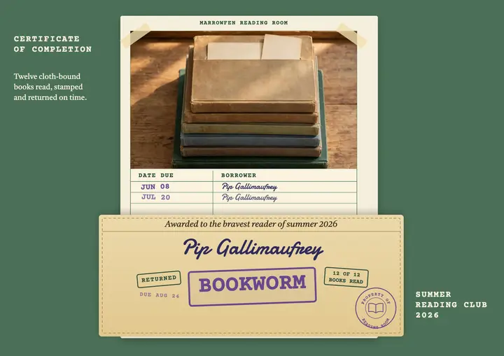 Bookworm reading club certificate, checkout card template