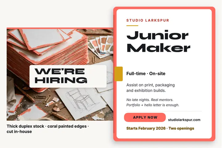 Studio Larkspur hiring postcard template