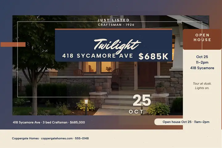 Dusk Craftsman home postcard, Coppergate: real estate postcard template