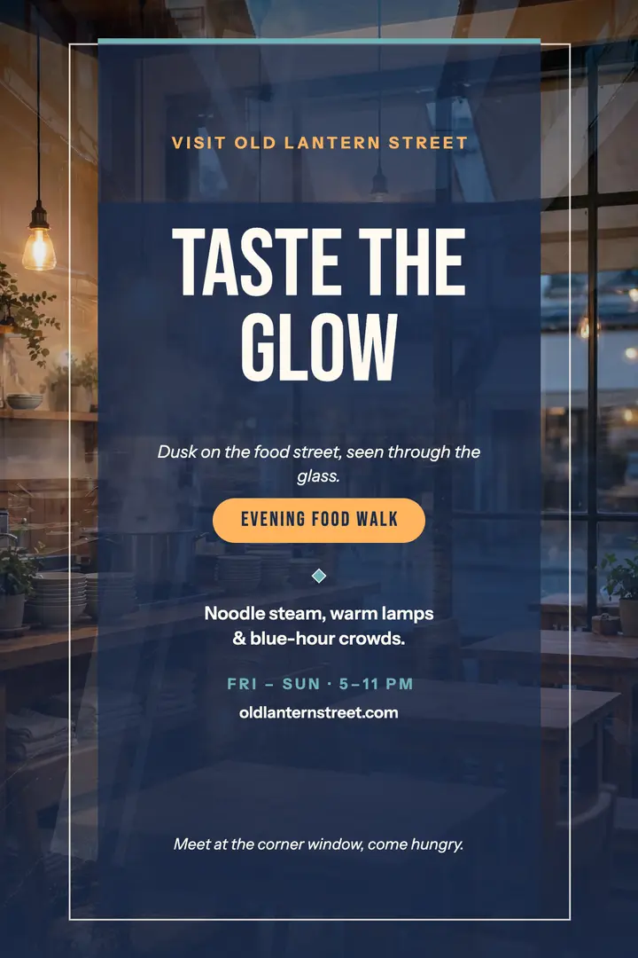 Old Lantern Street dusk food walk poster: food street travel poster template