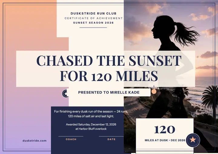 Duskstride sunset miles certificate template