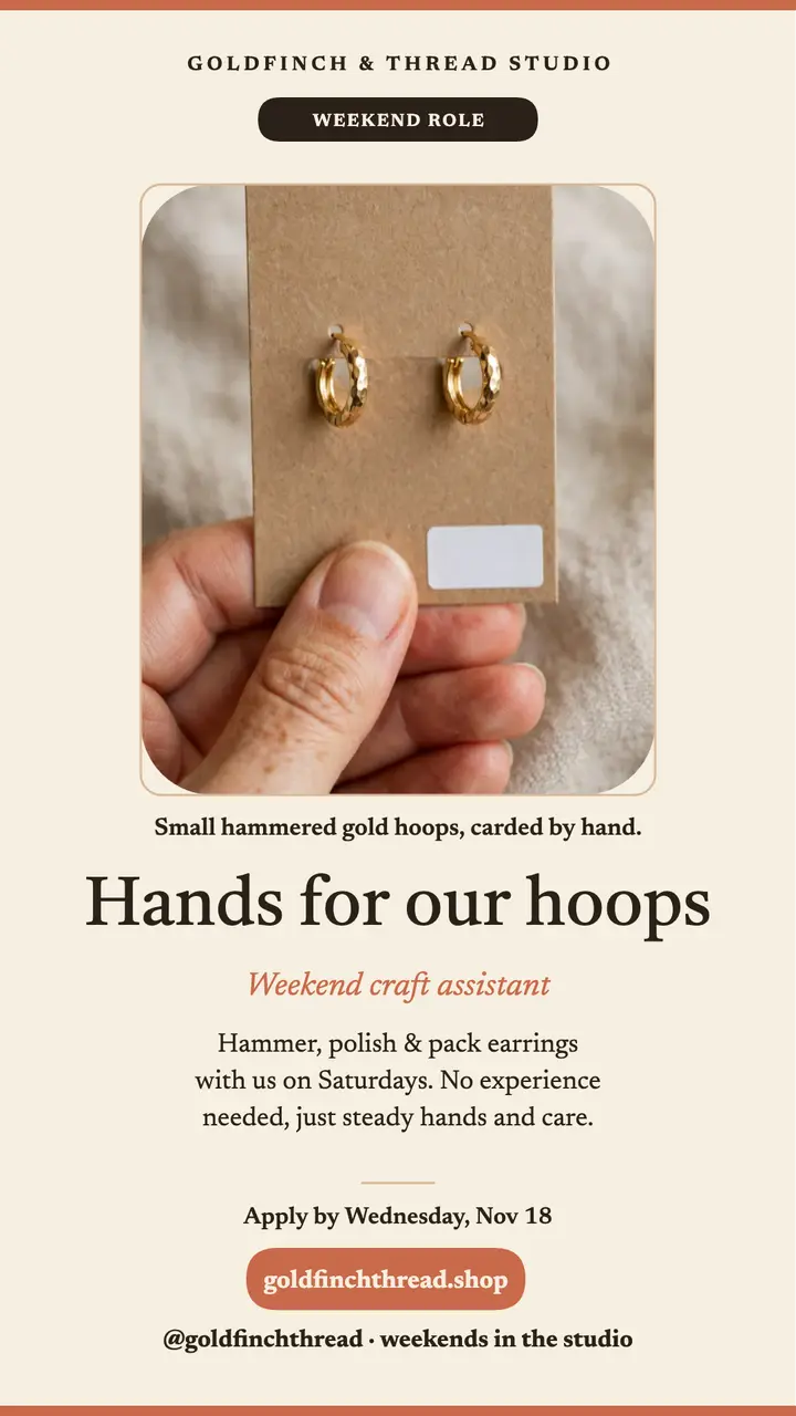Goldfinch weekend assistant hiring story template