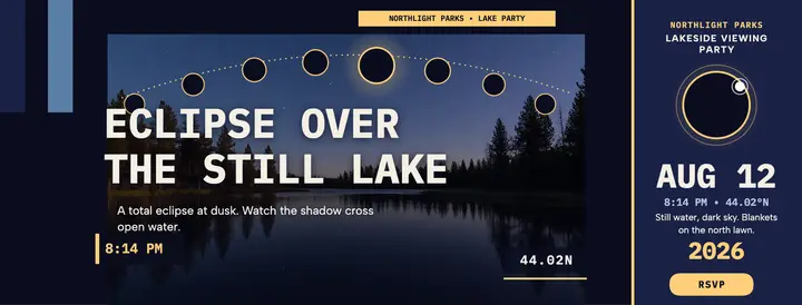 Northlight Parks lakeside eclipse cover: eclipse viewing party cover template