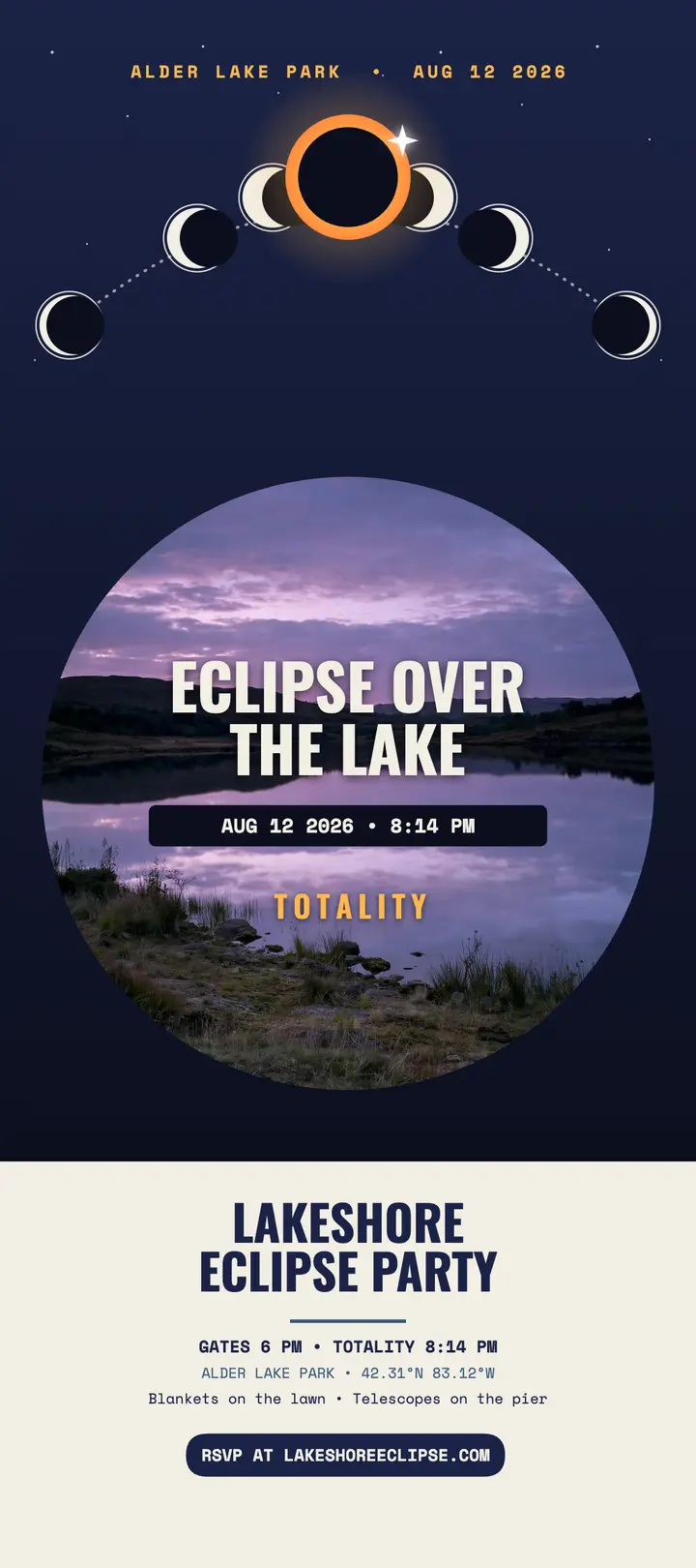 Lakeshore Eclipse Party viewing card: eclipse viewing party card template