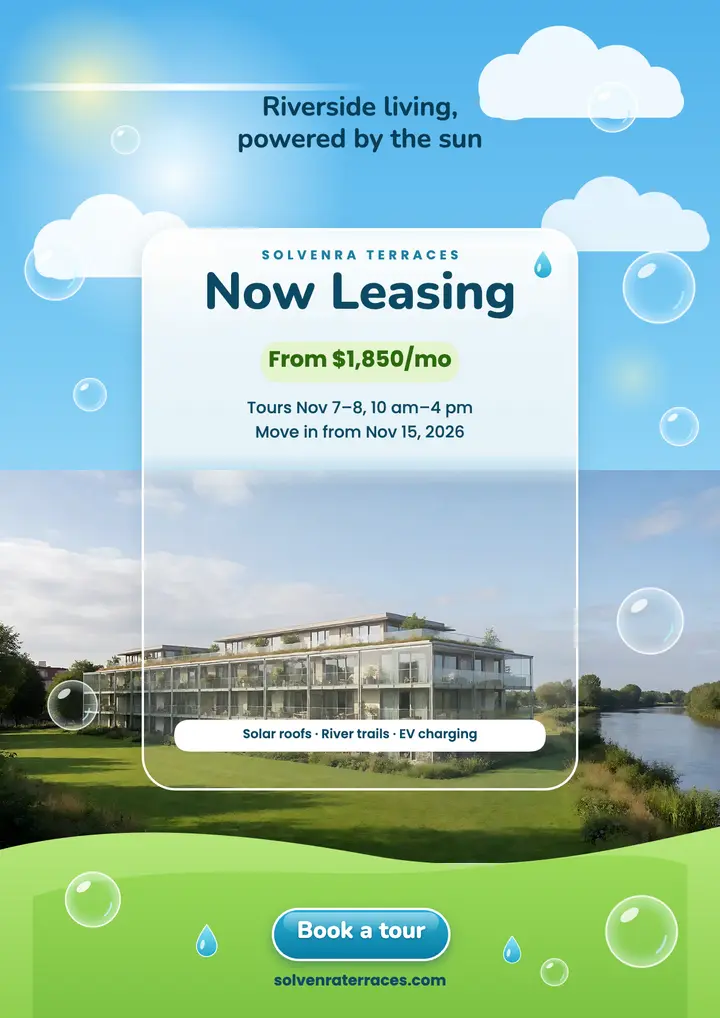 Now leasing flyer, riverside eco apartments template
