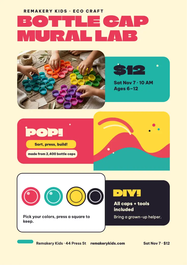 Remakery Kids bottle cap mural lab flyer template