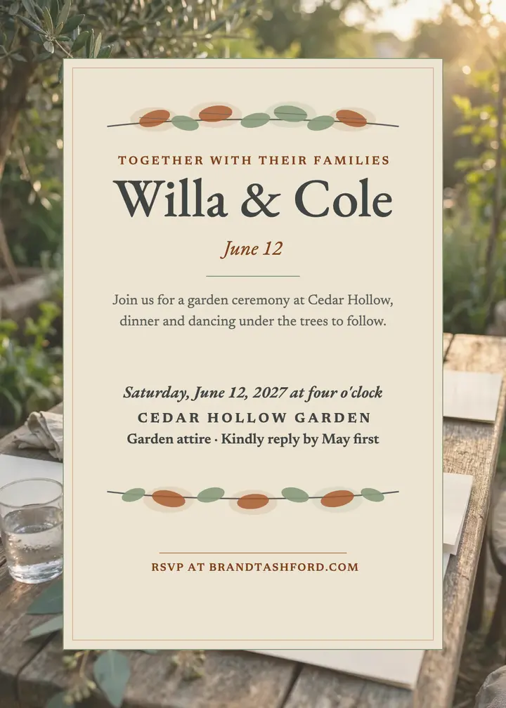 Willa and Cole garden invitation with leaf prints template