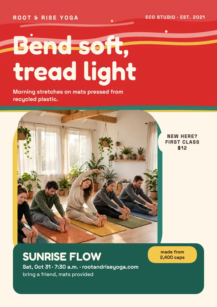 Root and Rise eco yoga sunrise flow flyer template