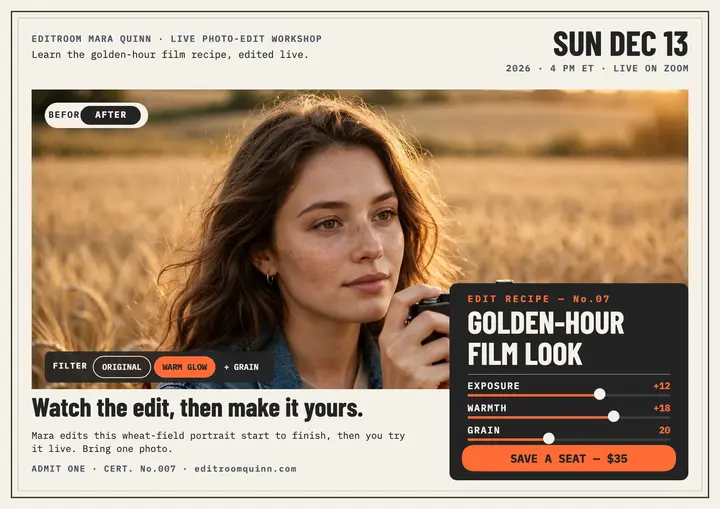 Editroom Mara Quinn golden-hour workshop certificate template