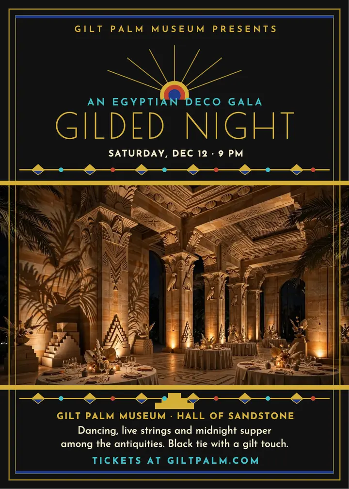 Gilt Palm late-night gala invitation: museum gala invitation template