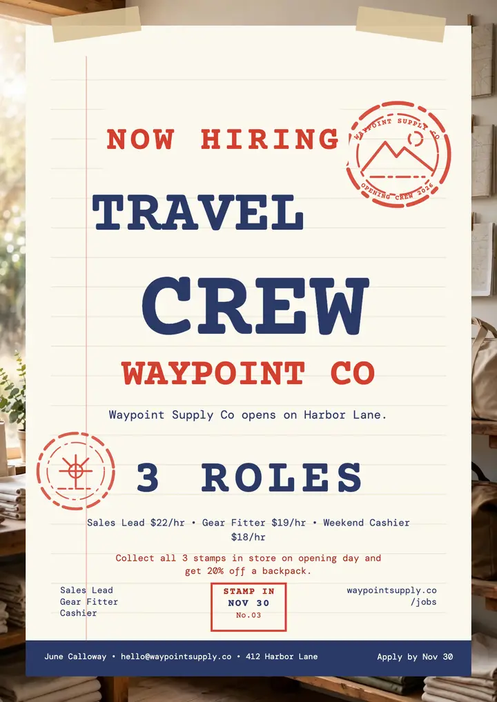 Waypoint Supply hiring flyer, stamp style template