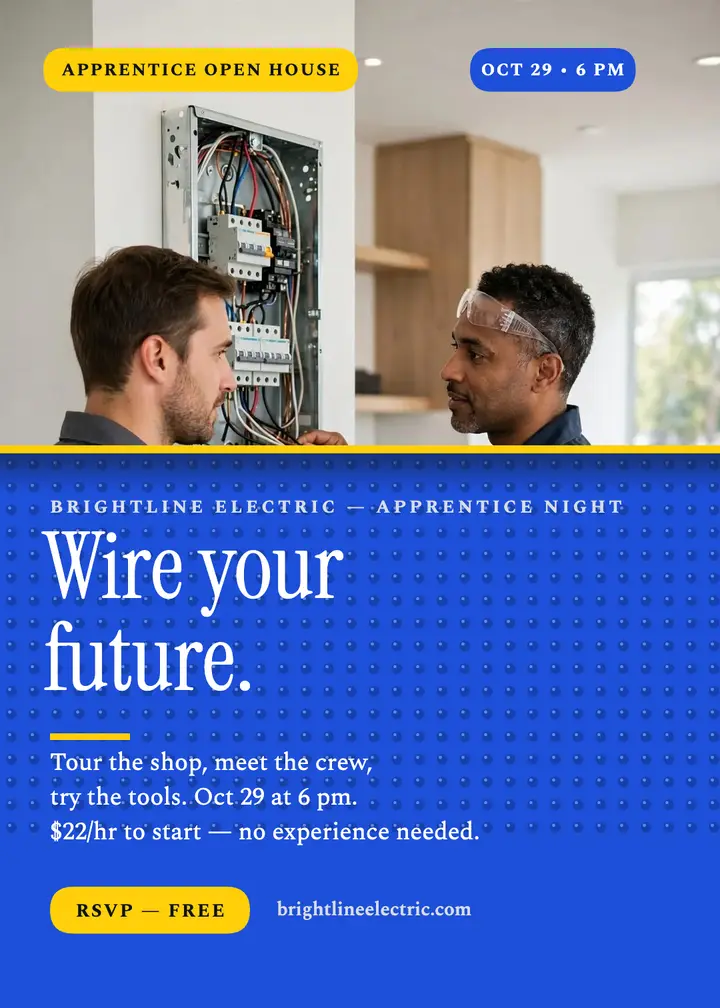 Brightline Electric apprentice night invitation: apprentice open house invitation template