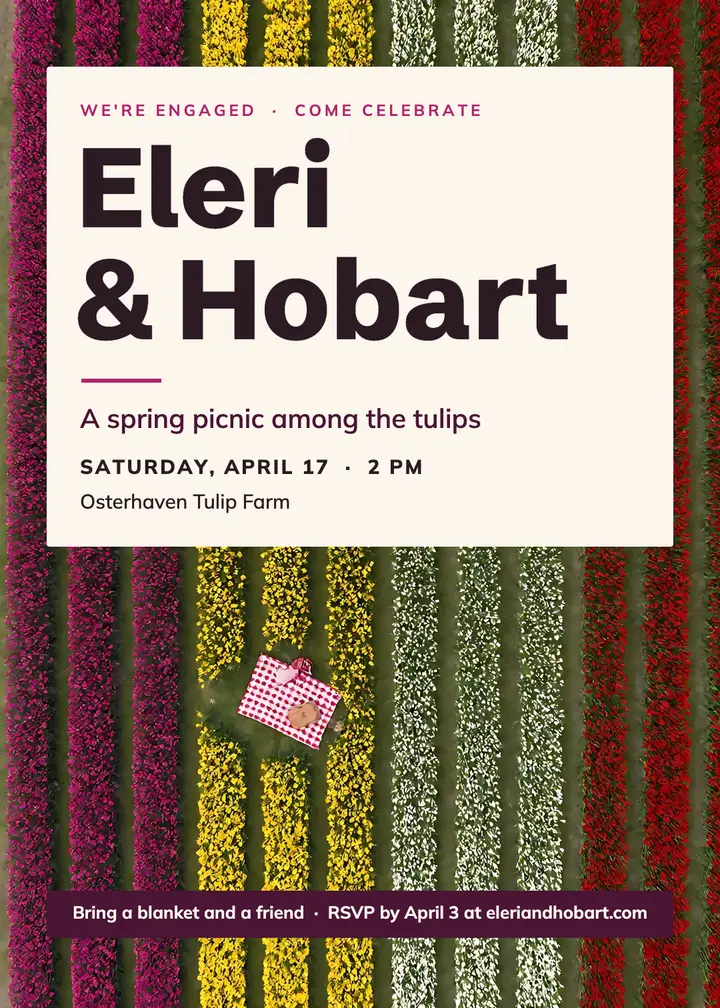 Eleri and Hobart tulip picnic engagement invitation, aerial template