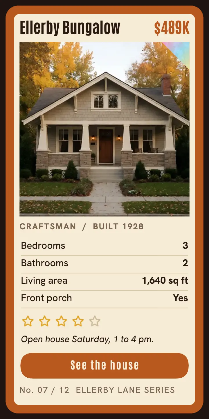 Ellerby Lane bungalow open house trading card ad 300x600 template