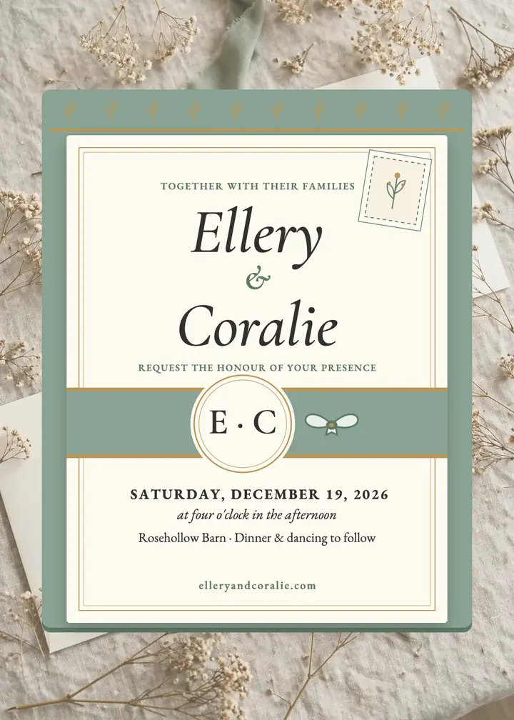 Ellery and Coralie sage belly band invitation template
