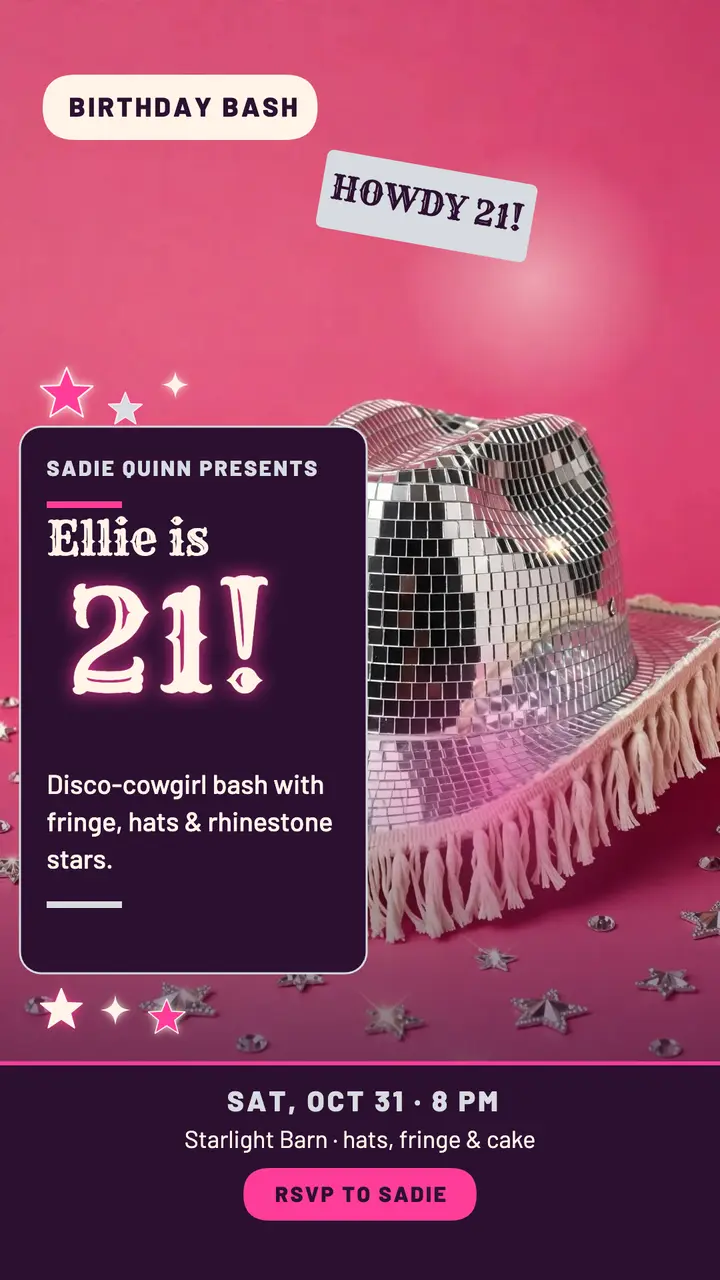Ellie disco-cowgirl 21st birthday story template