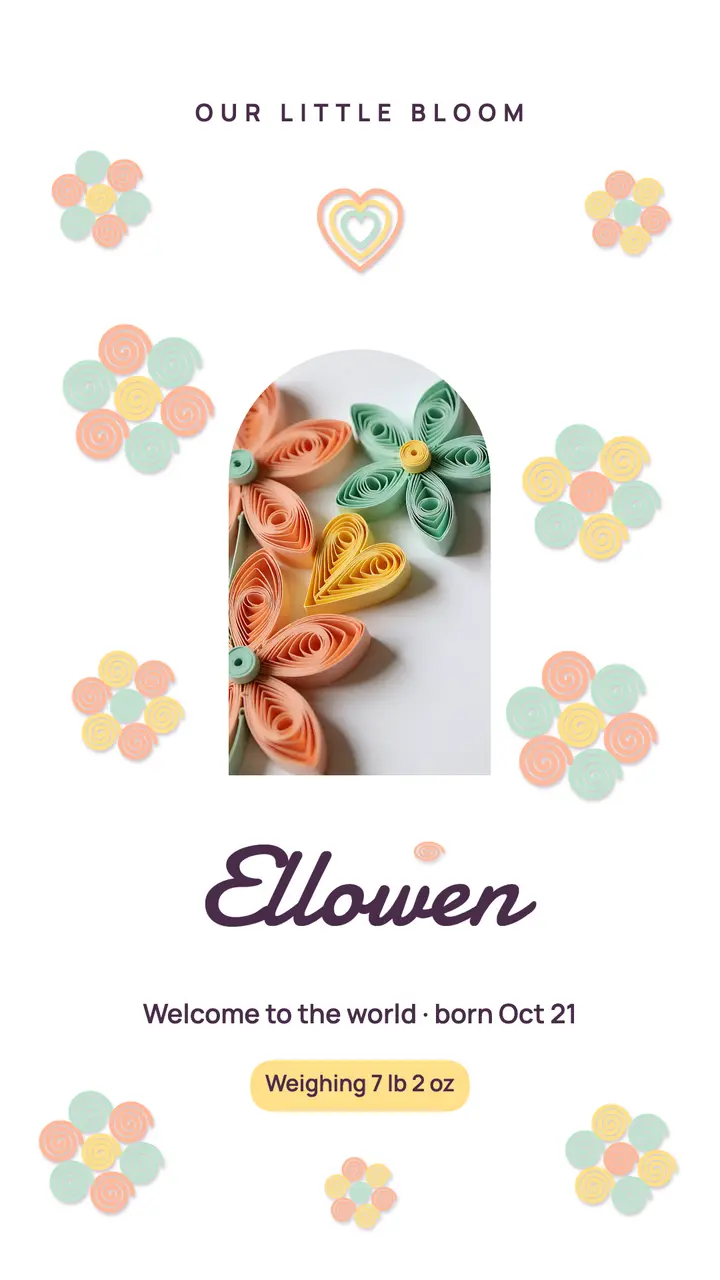 Baby announcement story, quilled paper flowers: baby announcement story template
