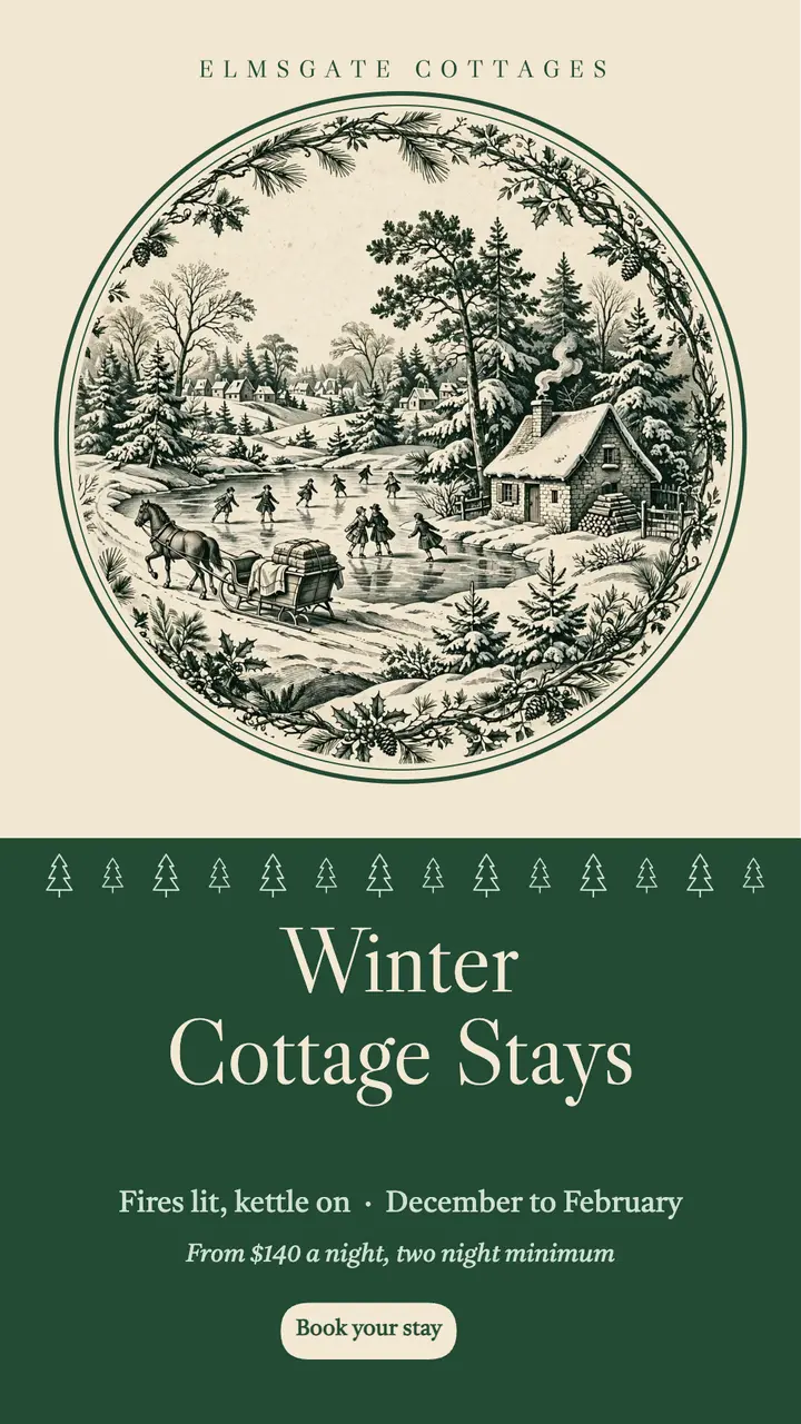 Winter cottage stays, modern toile story: winter cottage stays story template